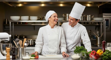 Male and female chefs smiling in a professional kitchen with fresh vegetables