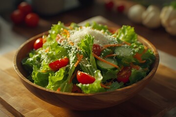 a bowl of fresh salad served in a wooden bowl