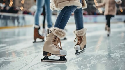 Close-up of Ice Skates on an Ice Rink, Winter Recreation and Leisure Activity