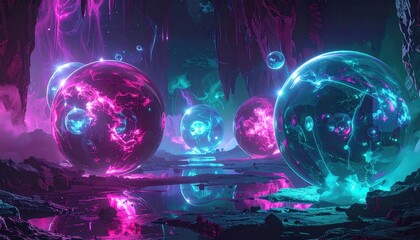 Vibrant spheres of otherworldly energy pulsate within a surreal, cavernous landscape.