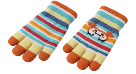 Pair of striped knit gloves with bear design isolated on transparent background, perfect for keeping childrens hands warm