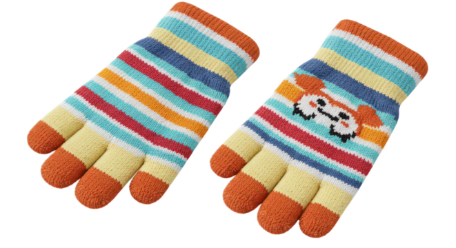 Pair of striped knit gloves with bear design isolated on transparent background, perfect for keeping childrens hands warm