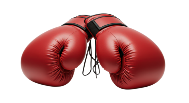 Pair of red boxing gloves isolated on transparent background, sports equipment for boxing and martial arts