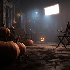 Spooky Halloween environment with empty foreground, downward camera angle wide lens closeup, sharp focus ready for product placement, realistic background.