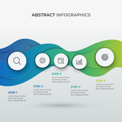 Abstract infographic template with 5 step process, design with modern wavy shapes and icons. Perfect for business presentations, marketing, and data visualization.