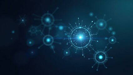 A complex network of interconnected light blue shapes, against a dark teal background, evokes a sense of intricate relationships.