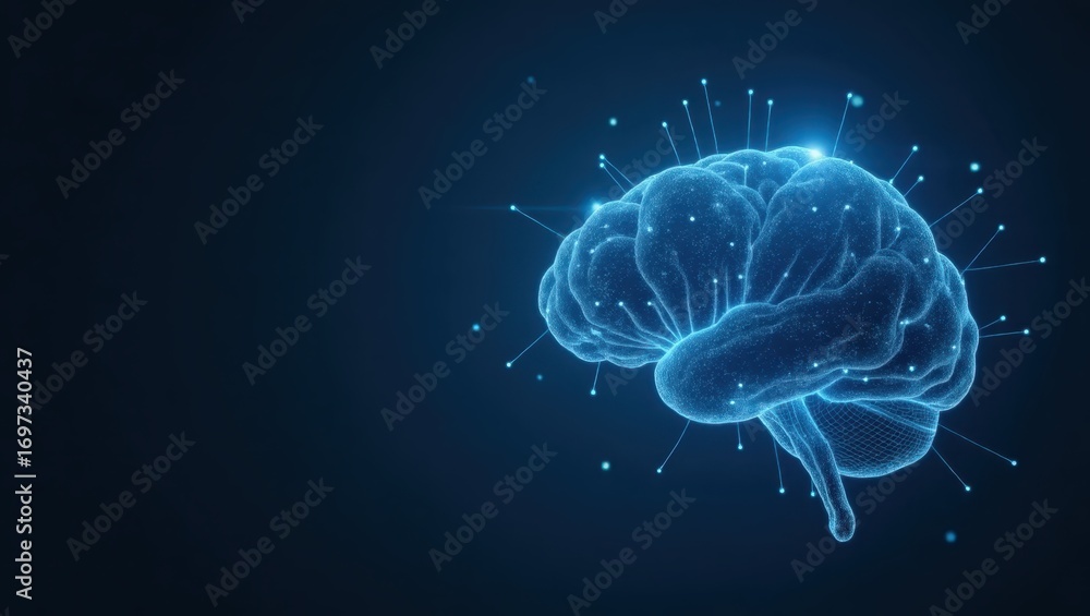 Poster a detailed, side-view illustration of a digital brain, featuring a network of glowing connections an