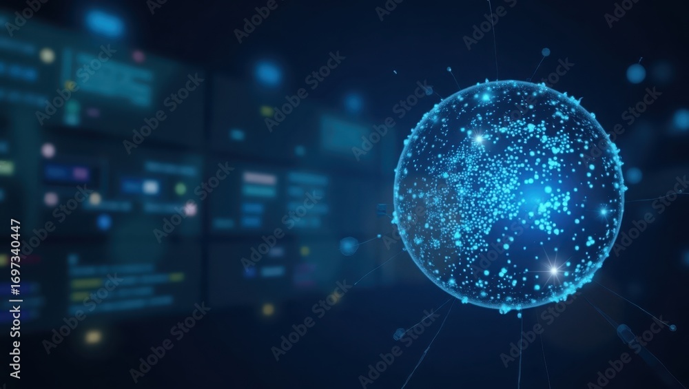 Poster a sphere of interconnected data points, highlighted against a backdrop of numerous blurred data scre