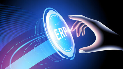Modern ERP system integration visualized with a hand touching a glowing futuristic interface