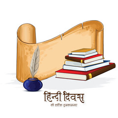 Happy hindi divas indian national tounge celebration card with feather background