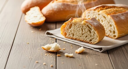 Fototapeta premium Freshly baked artisan bread loaf on wooden table with sliced pieces