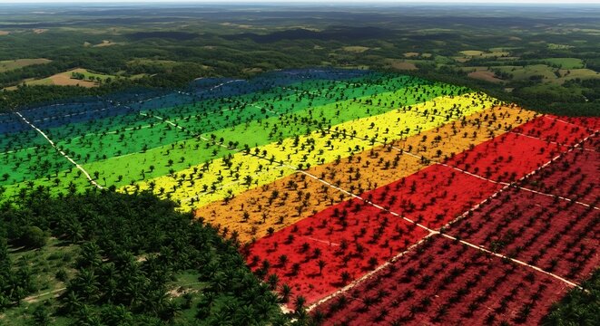 Aerial remote sensing technology displays colorful environmental data over a forest, crucial for ecological analysis and sustainable resource management - Powered by Adobe