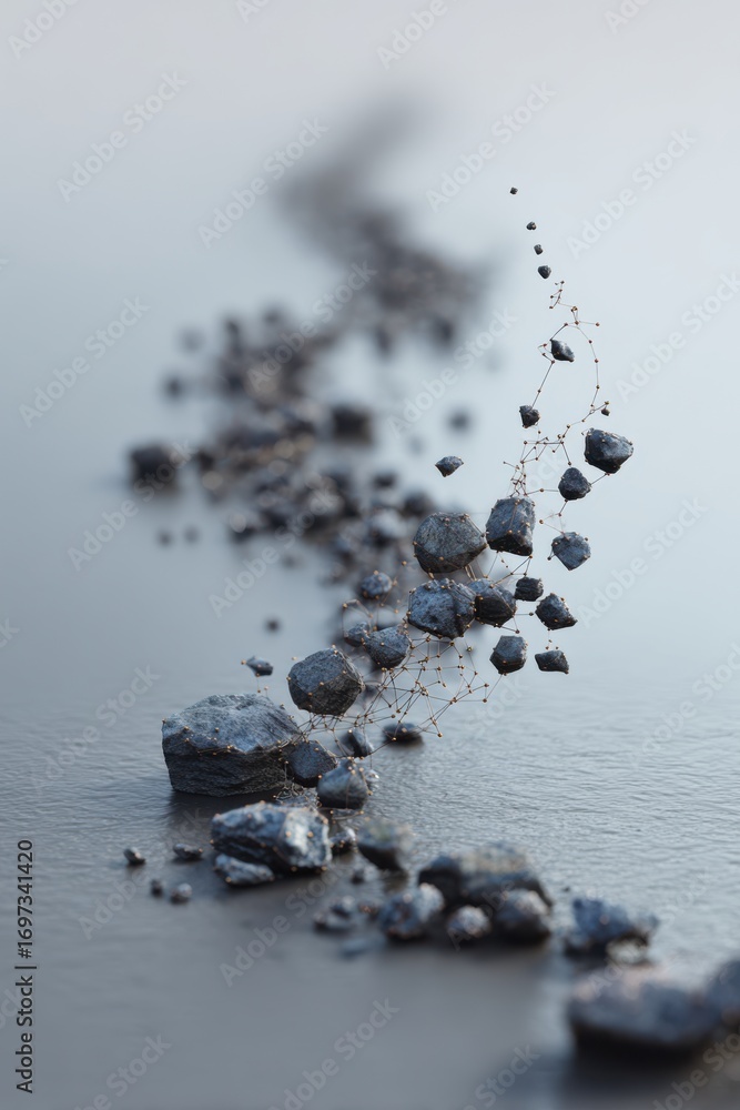 Poster abstract composition of rocks and particles creating an illusion of movement on a soft background