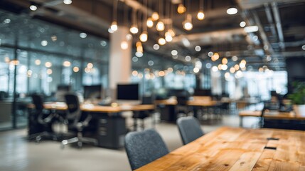 Modern coworking space showcasing a creative atmosphere and collaborative workspaces with blurred background lighting and office furniture