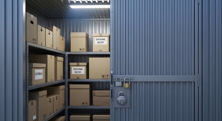 Secure storage unit with cardboard boxes and seasonal decor, ideal for organized space and safe keeping in metallic container setting