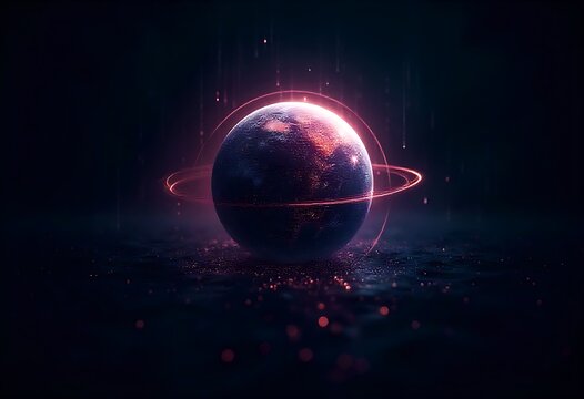 Abstract technology visualization of Digital Intelligence Planet as a glowing sphere, data streams flowing around it like rivers, binary code rain, dark cybernetic environment.