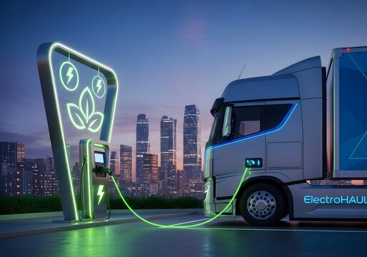 Electric truck charging at eco-friendly station in modern cityscape background for sustainability concepts