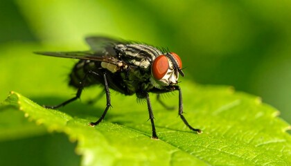 Close-up of a fly on a vibrant green leaf