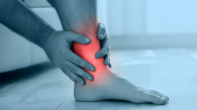 Man holding injured ankle with visible pain and inflammation, representing injury