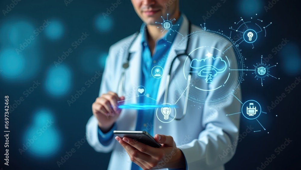 Poster a medical professional interacts with a digital interface displaying various healthcare-related icon