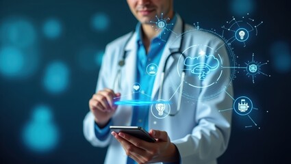A medical professional interacts with a digital interface displaying various healthcare-related icons and concepts.
