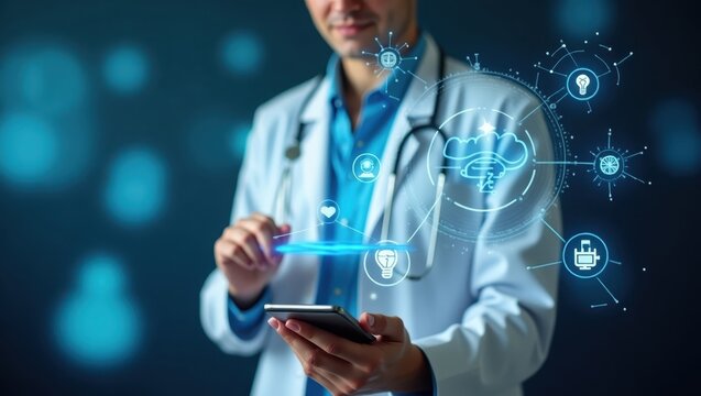 A medical professional interacts with a digital interface displaying various healthcare-related icons and concepts.