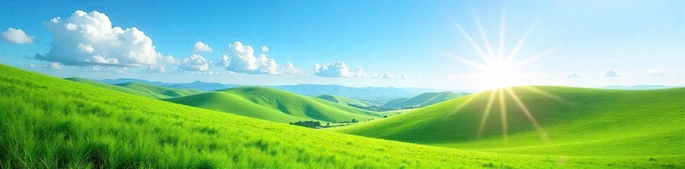 Serene vista of a rolling green hill landscape under a vibrant blue sky, bathed in soft sunlight  Perfect for travel, nature, and environmental themes ,  outdoor,  idyllic,  amazing