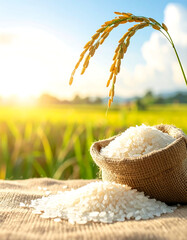 Ripe rice ear arches over burlap sack filled with white rice grains on rustic surface in bright sunlight