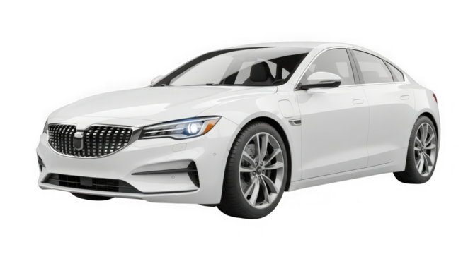 Sleek white luxury sedan in profile view highlighting modern automotive design and elegant exterior transparent background