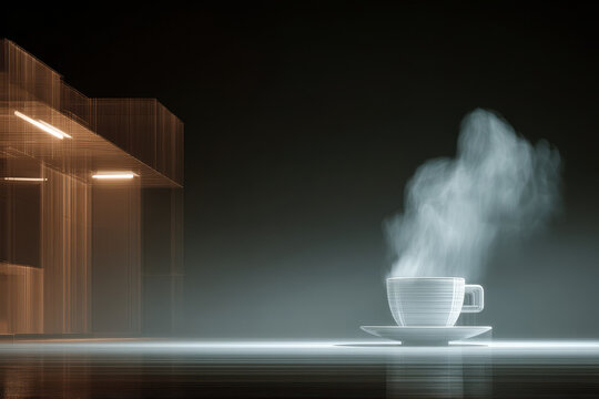 cup of coffee sitting on clean surface reflects holographic cityscape and hologram rating