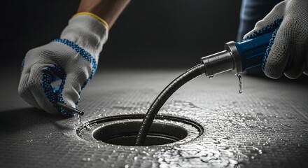 Drain cleaning process with tools and protective gloves in action for plumbing maintenance and repair