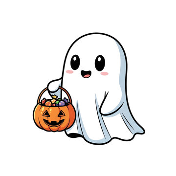 Adorable kawaii ghost character delightedly holding a pumpkin bucket overflowing with colorful Halloween candies, perfect for festive designs and spooky fun.