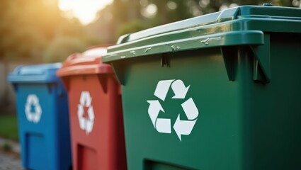Close-up of three brightly colored recycling bins, showcasing the distinct colors for different waste types, with a recycling symbol prominent on each.