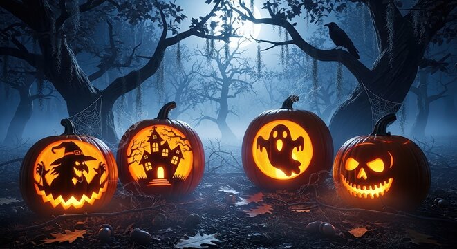 Spooky Halloween Pumpkins in Haunted Forest at Night Jack o lanterns Ghosts and Witches
