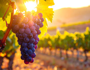 Grape cluster hanging on vine with sunlight shining through green leaves in vineyard during golden hour