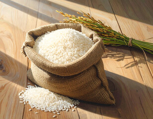 White rice grain in burlap sack with rice stalk bundle on wooden surface in natural light, fresh and organic food