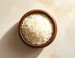 White rice grain in brown ceramic bowl on textured beige surface with natural light and shadow