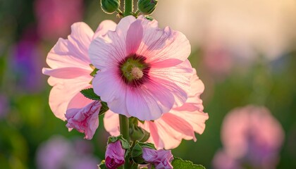 Close-up of a delicate pink flower in soft sunlight