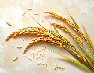 Golden rice stalks with grains and scattered rice kernels on light textured surface, evoking natural and fresh feeling