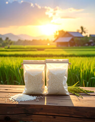 Two packages of white rice on wooden table with rice field and sunset background creating warm and peaceful atmosphere