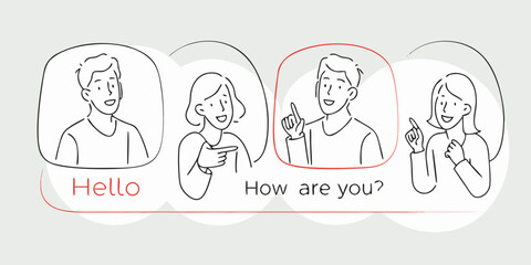 Diverse people communicating through speech bubbles with text and gestures in a simple line art style