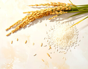 Golden rice stalks with white rice grains scattered on light surface, creating natural and fresh agricultural scene