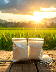 Two packages of white rice on wooden table with green field and bright sunset in background creating warm atmosphere