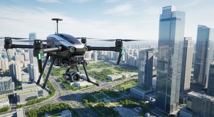 Fototapeta premium Advanced drone hovering over modern cityscape with skyscrapers and green spaces