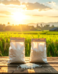 Two packages of white rice on wooden table with green rice field and warm sunset background creating peaceful mood