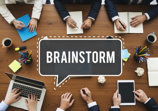 Collaborative business meeting with brainstorm speech bubble