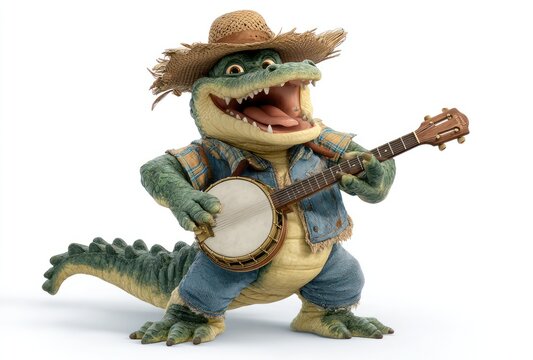 Animated alligator playing banjo, wearing straw hat and denim shirt on white background, standing on two legs