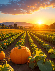 Pumpkin field sunset with rows of green plants and bright orange pumpkins colorful sky creating warm, peaceful atmosphere