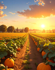 Pumpkin field at sunset with rows of orange pumpkins and green leaves under vibrant sky, creating warm and peaceful atmosphere