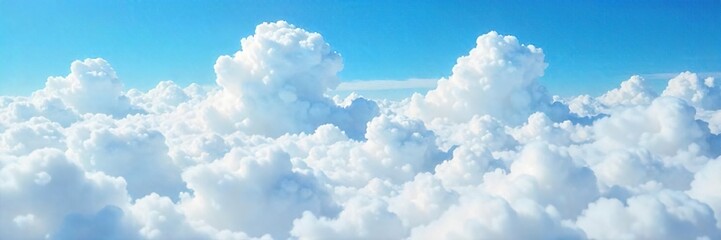 Naklejka premium Fluffy white clouds resemble cotton balls piled high in a vast, blue sky; a breathtaking, ethereal landscape of natural beauty and wonder , awesome, picturesque
